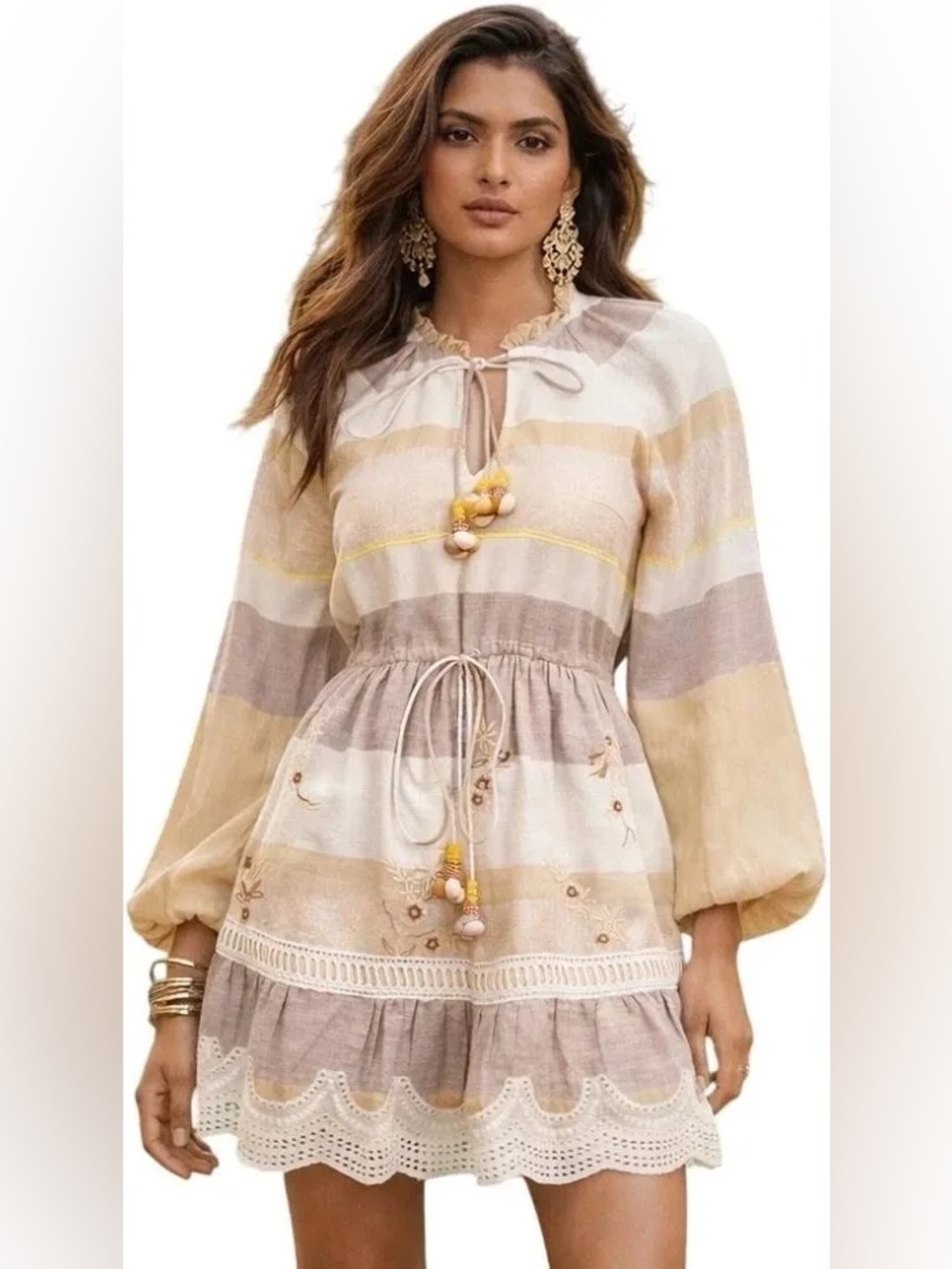 Hermant& Nandita Neutral Stripe Long Sleeve Mini Dress Size Small